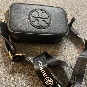 Tory Burch Black Leather Logo Crossbody with Branded Strap